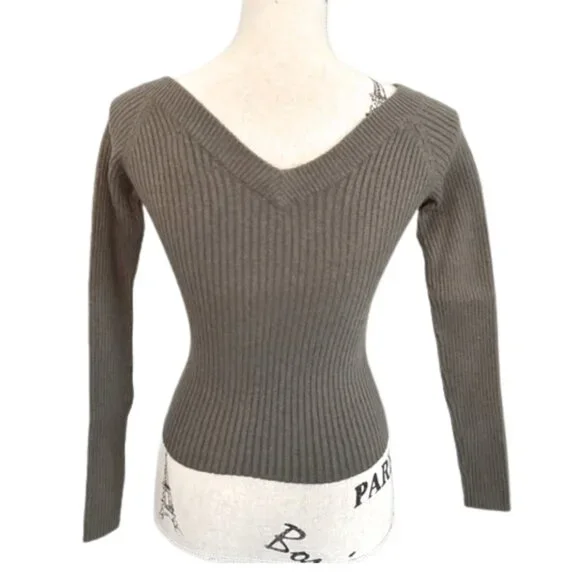 Rubber Doll Vintage Y2K Knit V-Neck Ribbed Sweater Olive Green Size Small - Picture 3 of 7